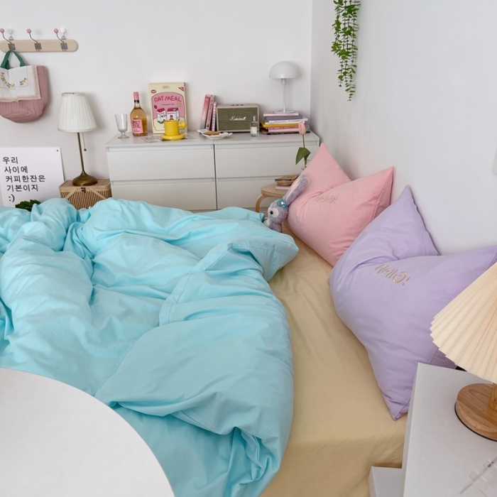 91家纺网 家纺一手货源 找家纺 星期八 2021新款马卡龙趣味水洗棉四件套 Hello！