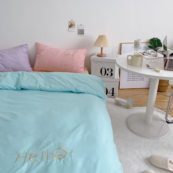 91家纺网 家纺一手货源 找家纺 星期八 2021新款马卡龙趣味水洗棉四件套 Hello！