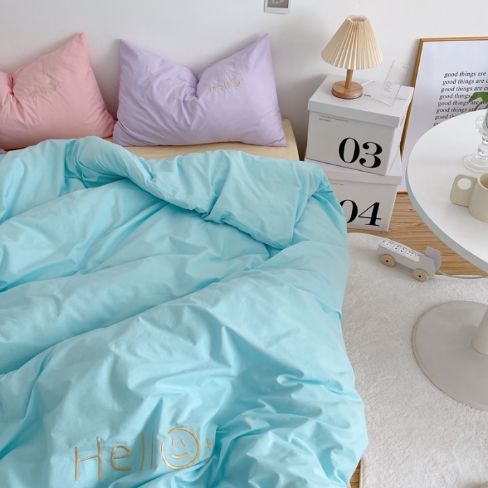 91家纺网 家纺一手货源 找家纺 星期八 2021新款马卡龙趣味水洗棉四件套 Hello！