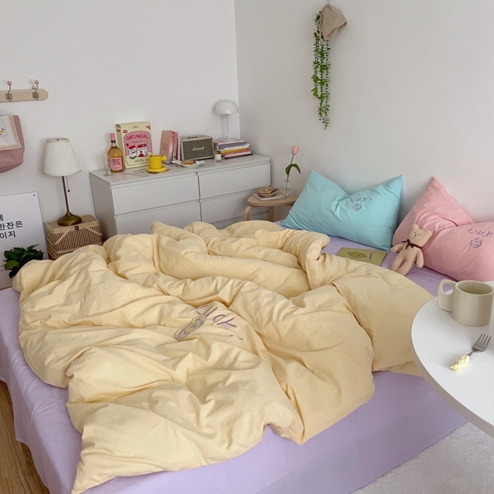 91家纺网 家纺一手货源 找家纺 星期八 2021新款马卡龙趣味水洗棉四件套 Luck！