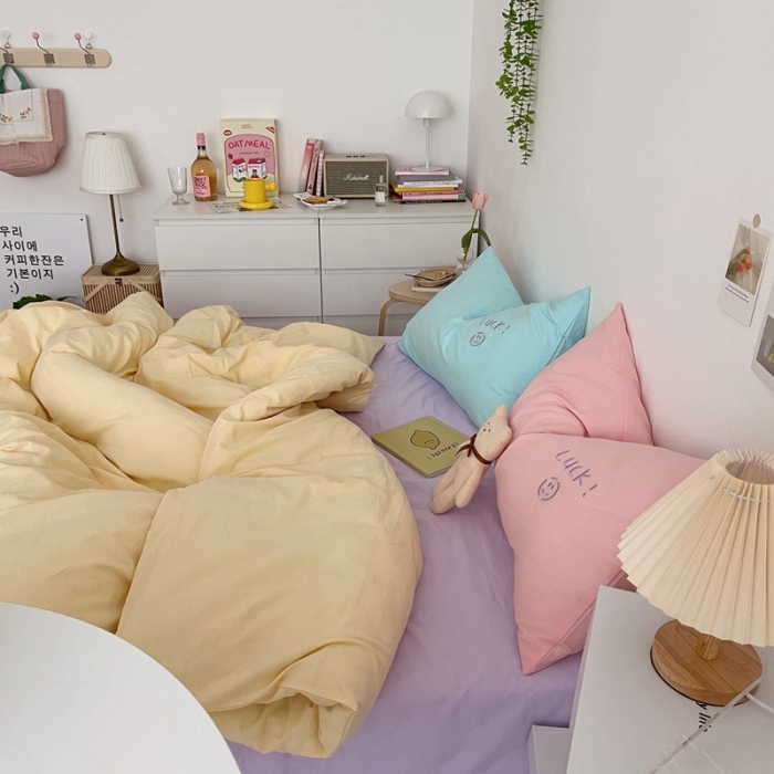 91家纺网 家纺一手货源 找家纺 星期八 2021新款马卡龙趣味水洗棉四件套 Luck！