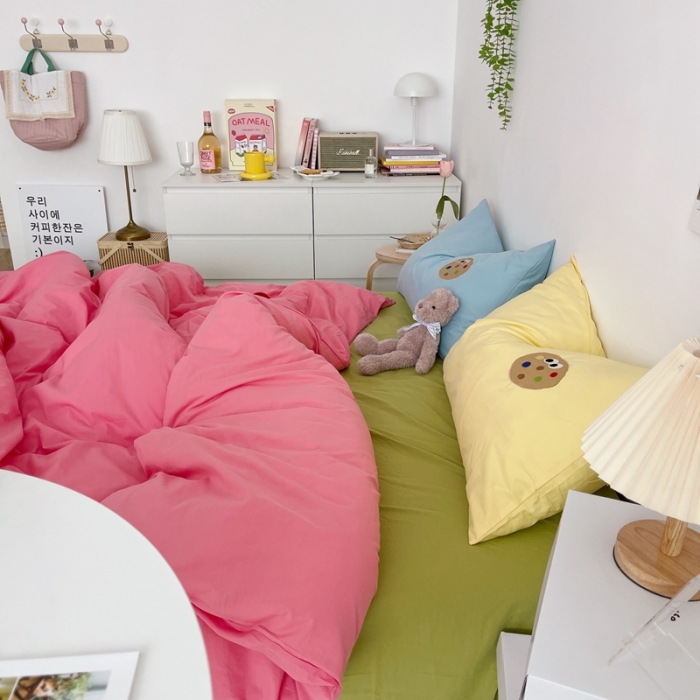 91家纺网 家纺一手货源 找家纺 星期八 2021新款马卡龙趣味水洗棉四件套 曲奇