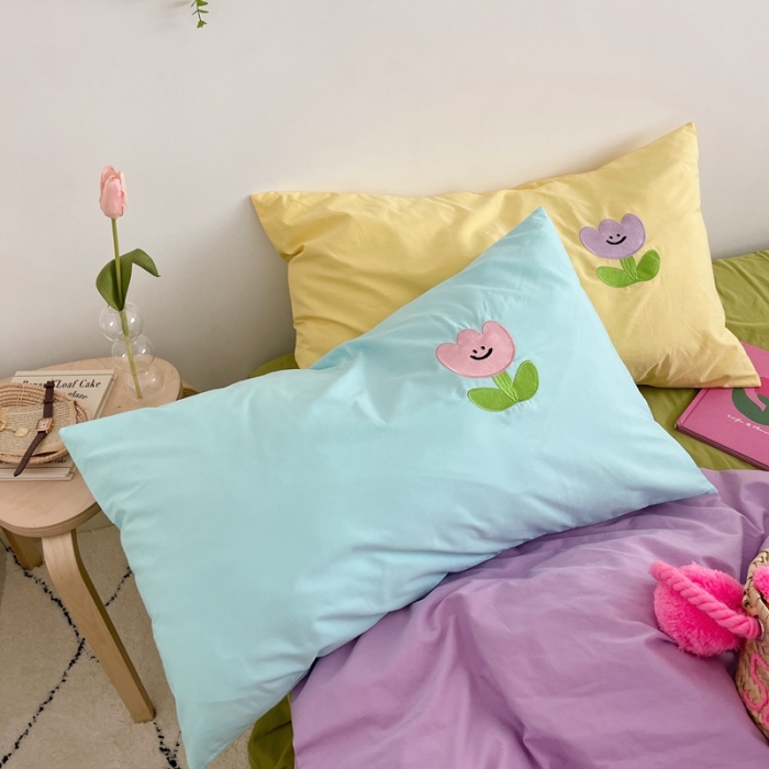 91家纺网 家纺一手货源 找家纺 星期八 2021新款马卡龙趣味水洗棉四件套 笑脸花