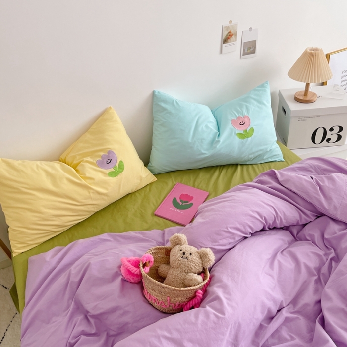 91家纺网 家纺一手货源 找家纺 星期八 2021新款马卡龙趣味水洗棉四件套 笑脸花