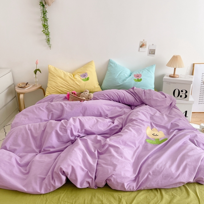 91家纺网 家纺一手货源 找家纺 星期八 2021新款马卡龙趣味水洗棉四件套 笑脸花