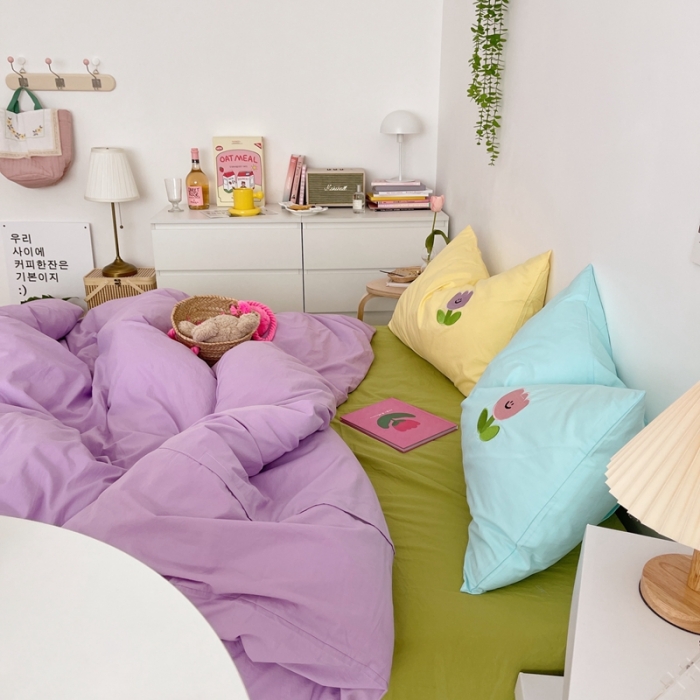 91家纺网 家纺一手货源 找家纺 星期八 2021新款马卡龙趣味水洗棉四件套 笑脸花