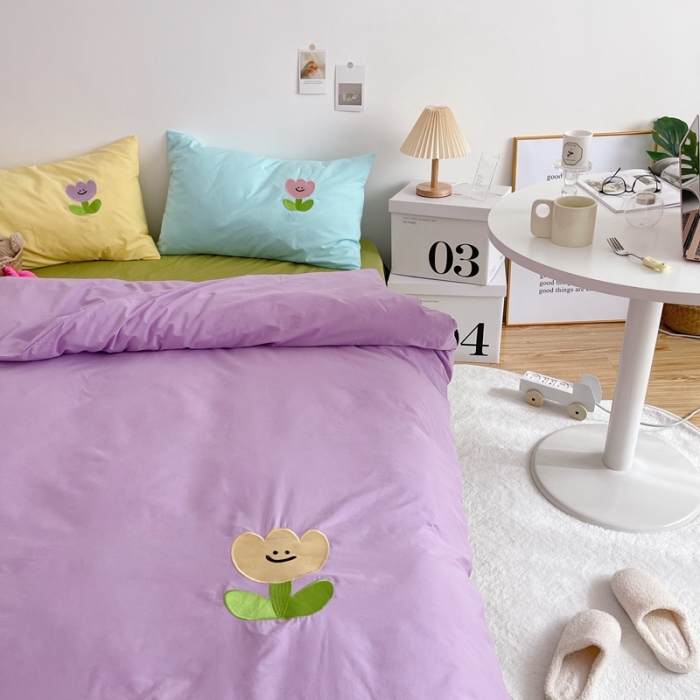 91家纺网 家纺一手货源 找家纺 星期八 2021新款马卡龙趣味水洗棉四件套 笑脸花