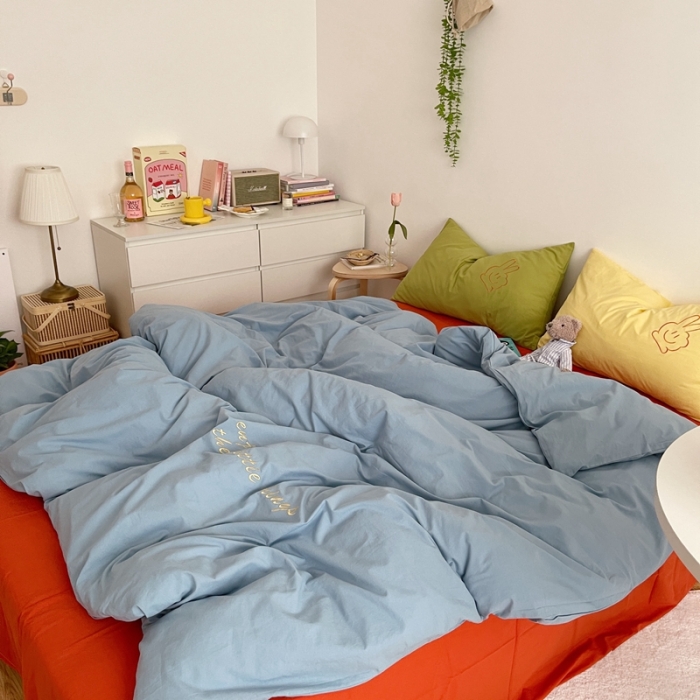 91家纺网 家纺一手货源 找家纺 星期八 2021新款马卡龙趣味水洗棉四件套 笑脸耶