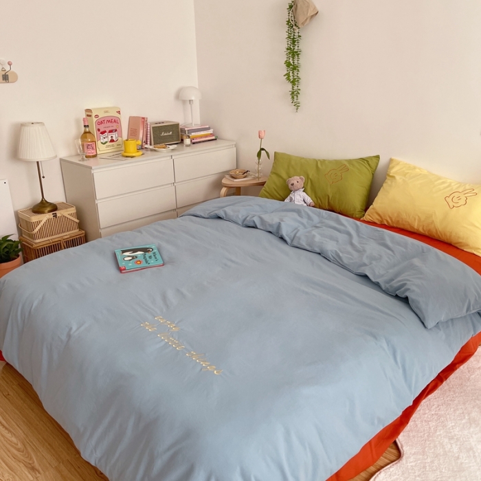 91家纺网 家纺一手货源 找家纺 星期八 2021新款马卡龙趣味水洗棉四件套 笑脸耶