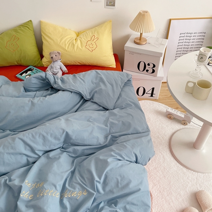 91家纺网 家纺一手货源 找家纺 星期八 2021新款马卡龙趣味水洗棉四件套 笑脸耶