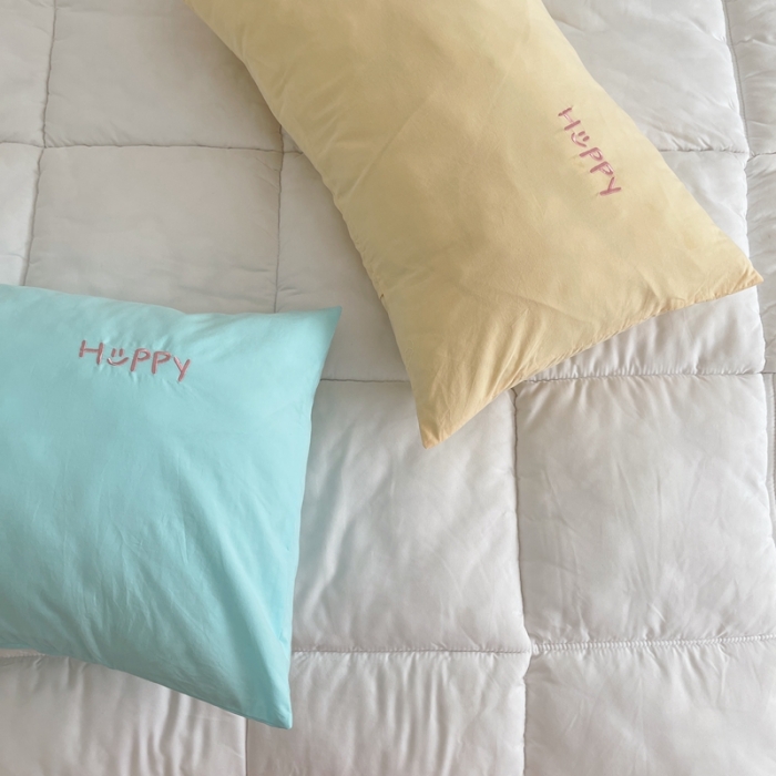 91家纺网 家纺一手货源 找家纺 星期八 2021新款马卡龙趣味水洗棉枕套一只Happy黄-蓝