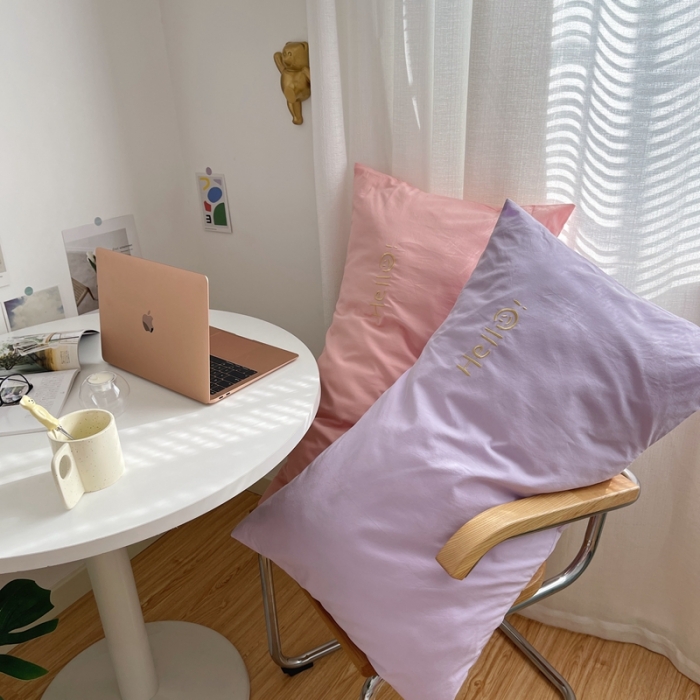 91家纺网 家纺一手货源 找家纺 星期八 2021新款马卡龙趣味水洗棉枕套一只Hello粉-紫