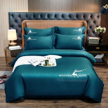 91家纺网 家纺一手货源 找家纺 U品汇春夏新品60s长绒棉绣花全棉刺绣四件套梅花鹿系列墨绿