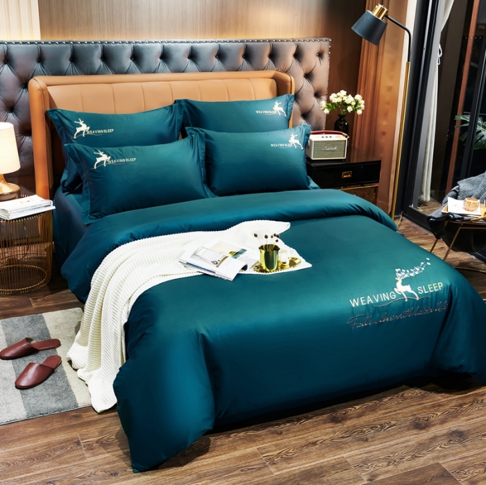 91家纺网 家纺一手货源 找家纺 U品汇春夏新品60s长绒棉绣花全棉刺绣四件套梅花鹿系列墨绿