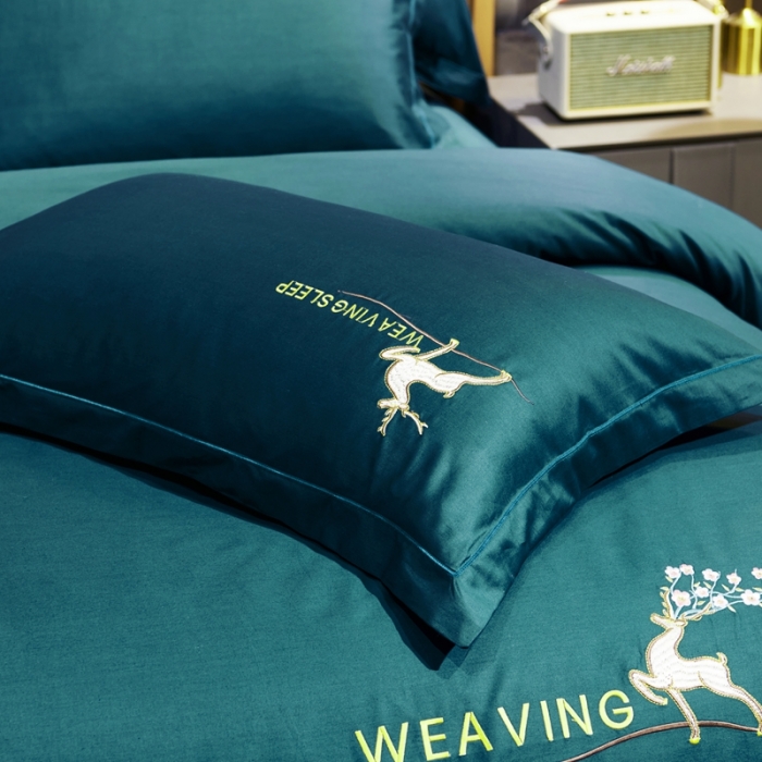 91家纺网 家纺一手货源 找家纺 U品汇春夏新品60s长绒棉绣花全棉刺绣四件套梅花鹿系列墨绿