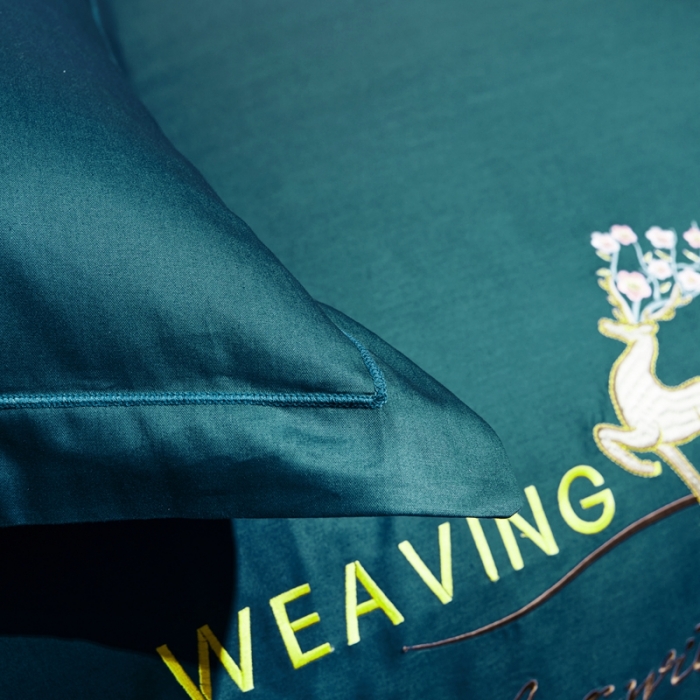 91家纺网 家纺一手货源 找家纺 U品汇春夏新品60s长绒棉绣花全棉刺绣四件套梅花鹿系列墨绿