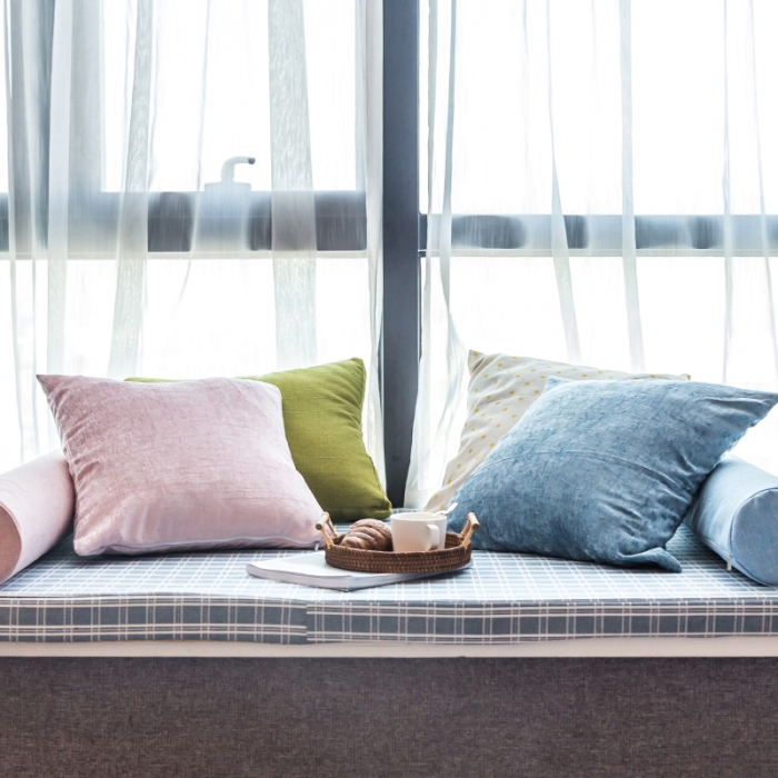 91家纺网 家纺一手货源 找家纺 U品汇 2021新款海绵飘窗垫 棉麻提花雅韵蓝