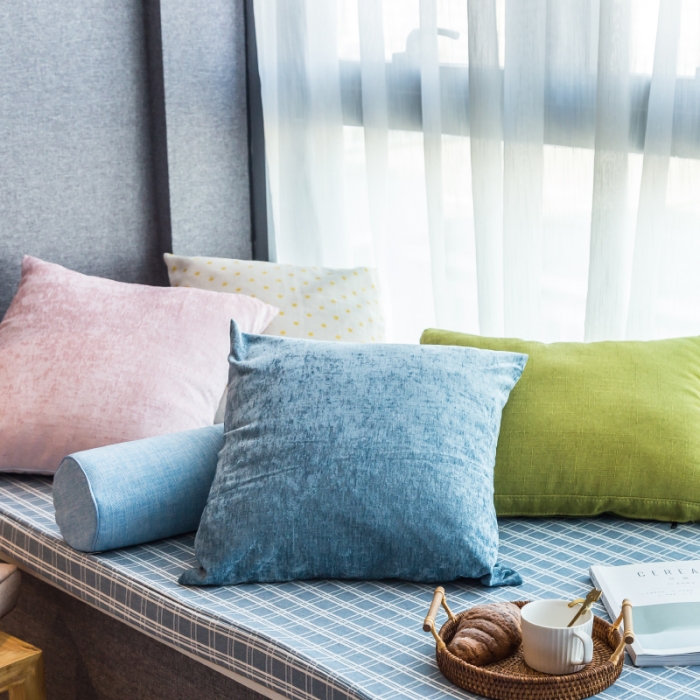 91家纺网 家纺一手货源 找家纺 U品汇 2021新款海绵飘窗垫 棉麻提花雅韵蓝