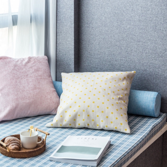 91家纺网 家纺一手货源 找家纺 U品汇 2021新款海绵飘窗垫 棉麻提花雅韵蓝