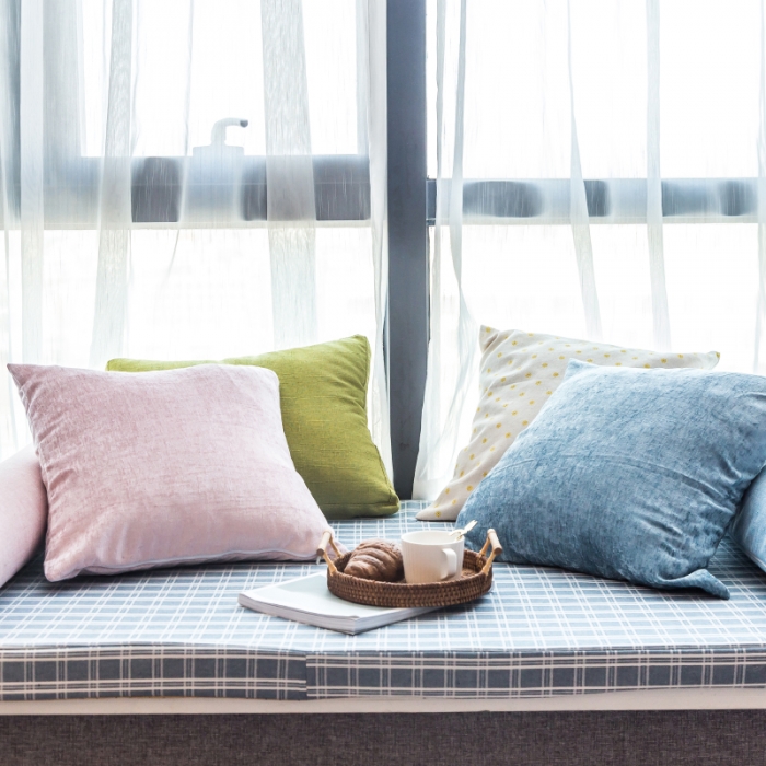 91家纺网 家纺一手货源 找家纺 U品汇 2021新款海绵飘窗垫 棉麻提花雅韵蓝