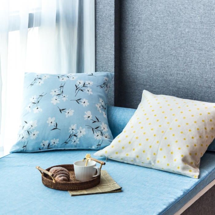 91家纺网 家纺一手货源 找家纺 U品汇 2021新款海绵飘窗垫 棉麻素色雪域蓝