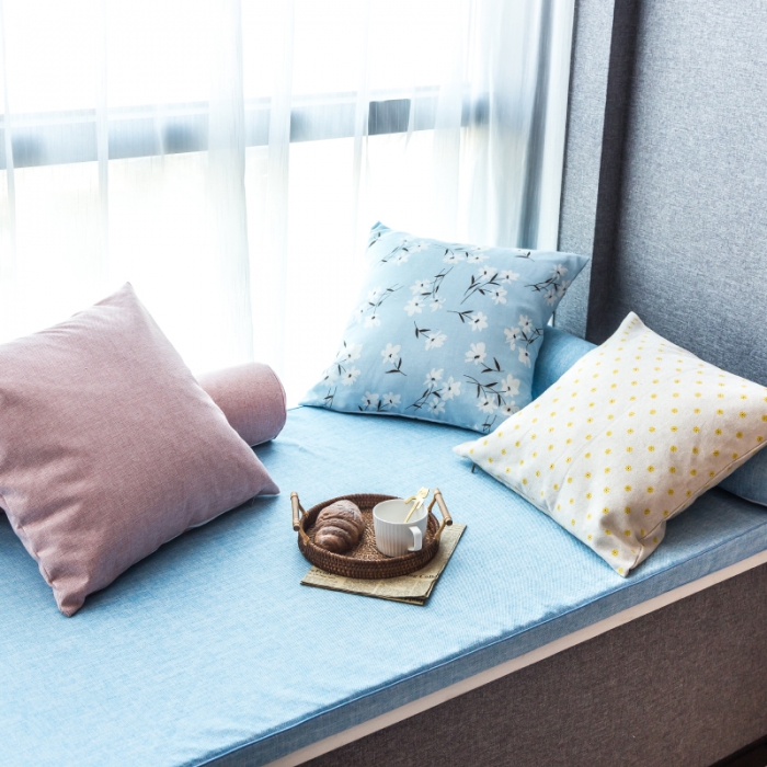 91家纺网 家纺一手货源 找家纺 U品汇 2021新款海绵飘窗垫 棉麻素色雪域蓝