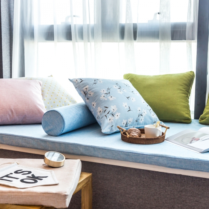 91家纺网 家纺一手货源 找家纺 U品汇 2021新款海绵飘窗垫 棉麻素色雪域蓝