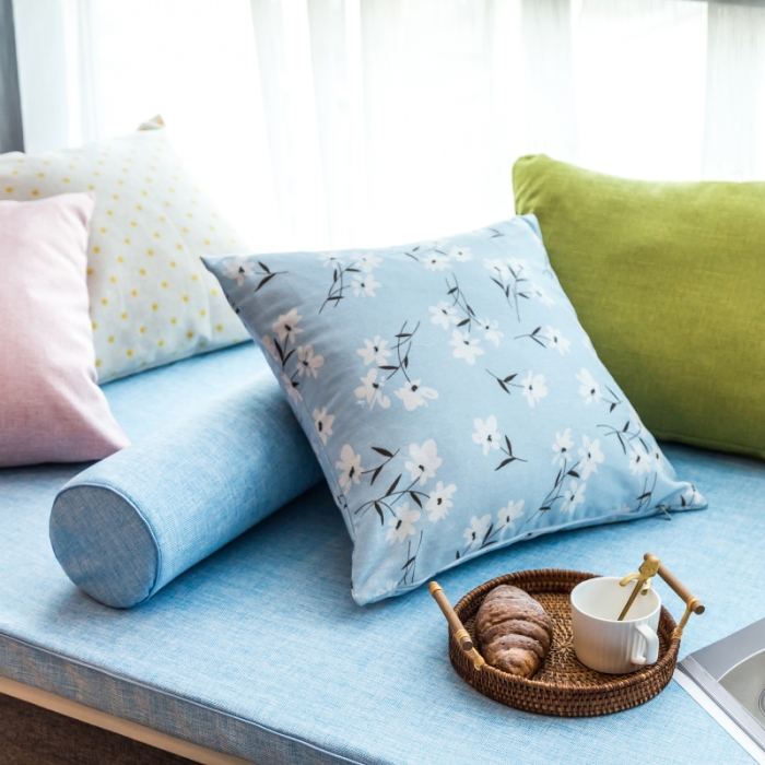 91家纺网 家纺一手货源 找家纺 U品汇 2021新款海绵飘窗垫 棉麻素色雪域蓝