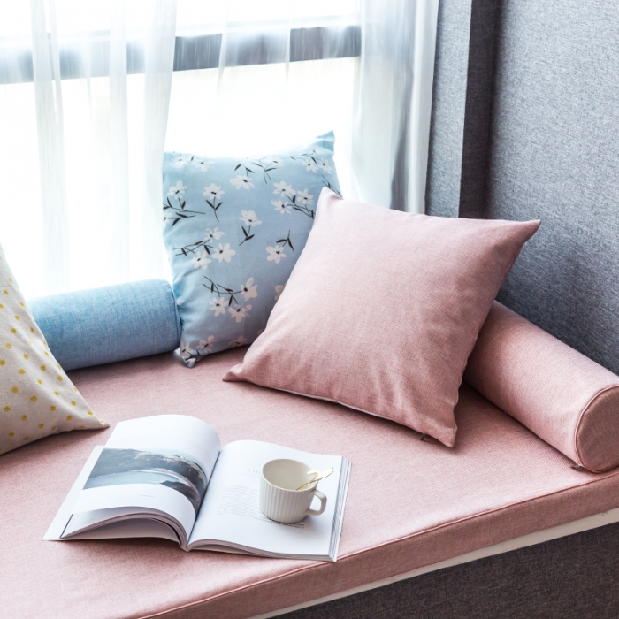 91家纺网 家纺一手货源 找家纺 U品汇 2021新款海绵飘窗垫 棉麻素色肉粉