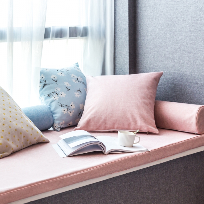 91家纺网 家纺一手货源 找家纺 U品汇 2021新款海绵飘窗垫 棉麻素色肉粉