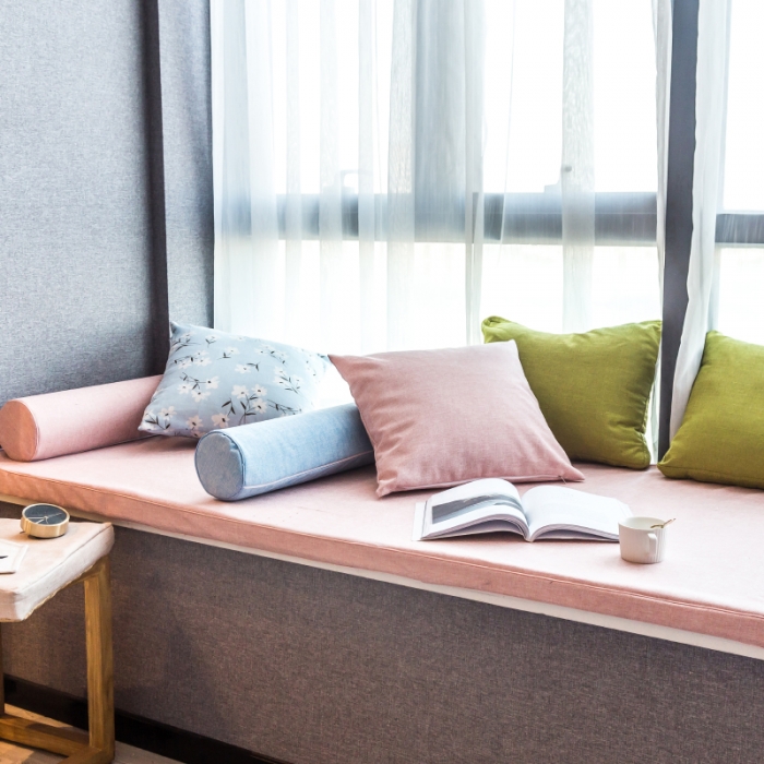 91家纺网 家纺一手货源 找家纺 U品汇 2021新款海绵飘窗垫 棉麻素色肉粉