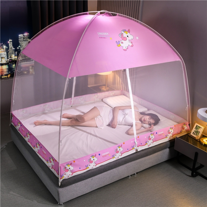 91家纺网 家纺一手货源 找家纺 冉美家纺 2021新款布顶防蚊蒙古包蚊帐 彩虹小马-粉