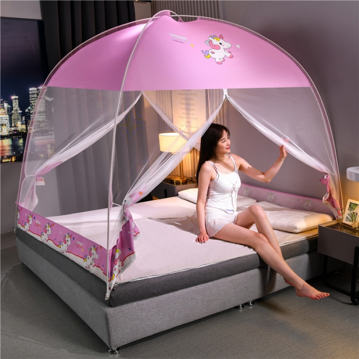 91家纺网 家纺一手货源 找家纺 冉美家纺 2021新款布顶防蚊蒙古包蚊帐 彩虹小马-粉