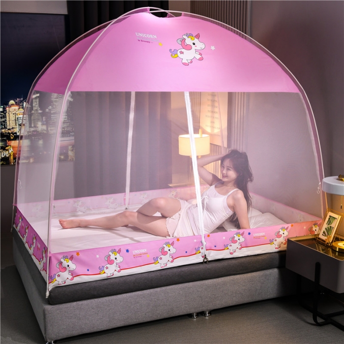 91家纺网 家纺一手货源 找家纺 冉美家纺 2021新款布顶防蚊蒙古包蚊帐 彩虹小马-粉