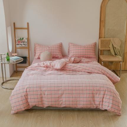 91家纺网 家纺一手货源 找家纺 柠萌家居 2021新款无印风格良品色织水洗棉四件套 粉灰小格