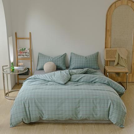 91家纺网 家纺一手货源 找家纺 柠萌家居 2021新款无印风格良品色织水洗棉四件套 海蓝格