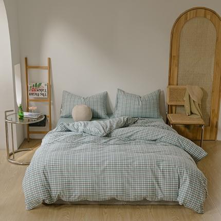91家纺网 家纺一手货源 找家纺 柠萌家居 2021新款无印风格良品色织水洗棉四件套 海蓝小格