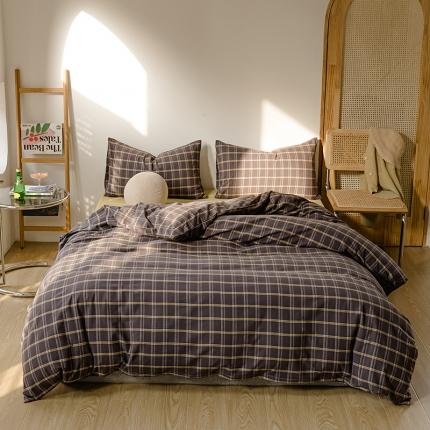 91家纺网 家纺一手货源 找家纺 柠萌家居 2021新款无印风格良品色织水洗棉四件套 灰黄格