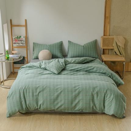 91家纺网 家纺一手货源 找家纺 柠萌家居 2021新款无印风格良品色织水洗棉四件套 叶绿格