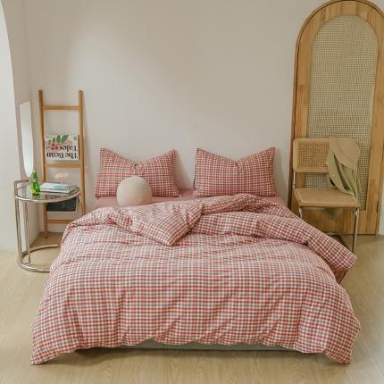 91家纺网 家纺一手货源 找家纺 柠萌家居 2021新款无印风格良品色织水洗棉四件套 砖红小格