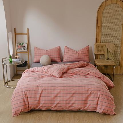 柠萌家居 2021新款无印风格良品色织水洗棉四件套 粉灰格