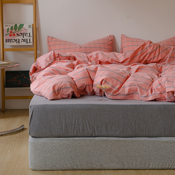 91家纺网 家纺一手货源 找家纺 柠萌家居 2021新款无印风格良品色织水洗棉四件套 粉灰格