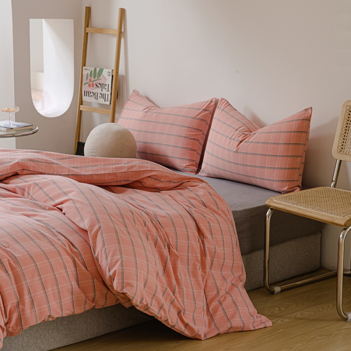 91家纺网 家纺一手货源 找家纺 柠萌家居 2021新款无印风格良品色织水洗棉四件套 粉灰格