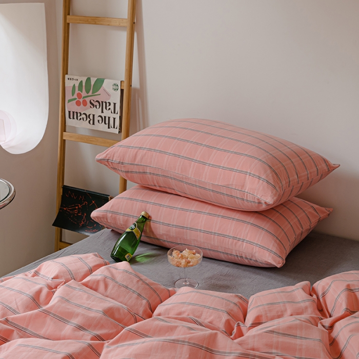 91家纺网 家纺一手货源 找家纺 柠萌家居 2021新款无印风格良品色织水洗棉四件套 粉灰格