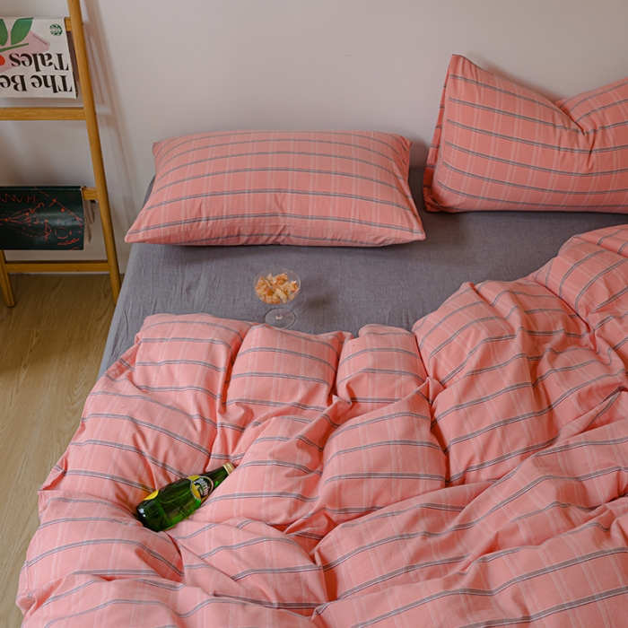 91家纺网 家纺一手货源 找家纺 柠萌家居 2021新款无印风格良品色织水洗棉四件套 粉灰格