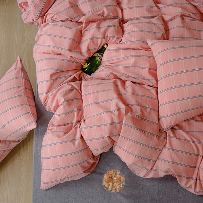 91家纺网 家纺一手货源 找家纺 柠萌家居 2021新款无印风格良品色织水洗棉四件套 粉灰格