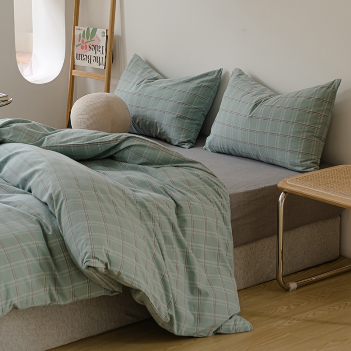 91家纺网 家纺一手货源 找家纺 柠萌家居 2021新款无印风格良品色织水洗棉四件套 海蓝格