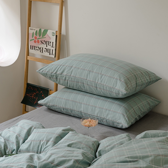 91家纺网 家纺一手货源 找家纺 柠萌家居 2021新款无印风格良品色织水洗棉四件套 海蓝格