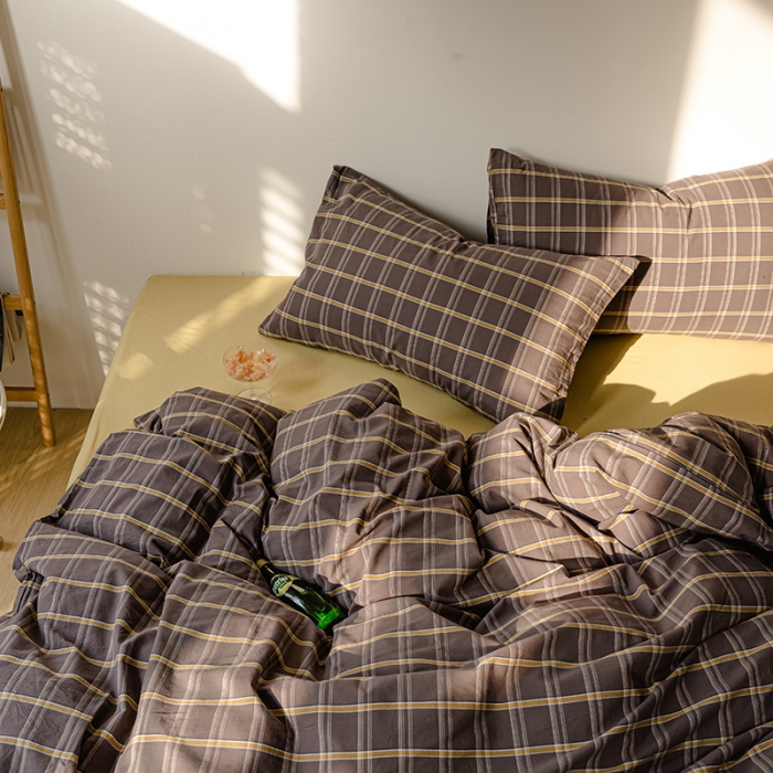 91家纺网 家纺一手货源 找家纺 柠萌家居 2021新款无印风格良品色织水洗棉四件套 灰黄格