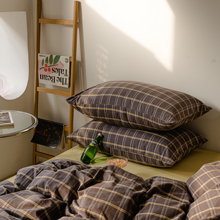 91家纺网 家纺一手货源 找家纺 柠萌家居 2021新款无印风格良品色织水洗棉四件套 灰黄格